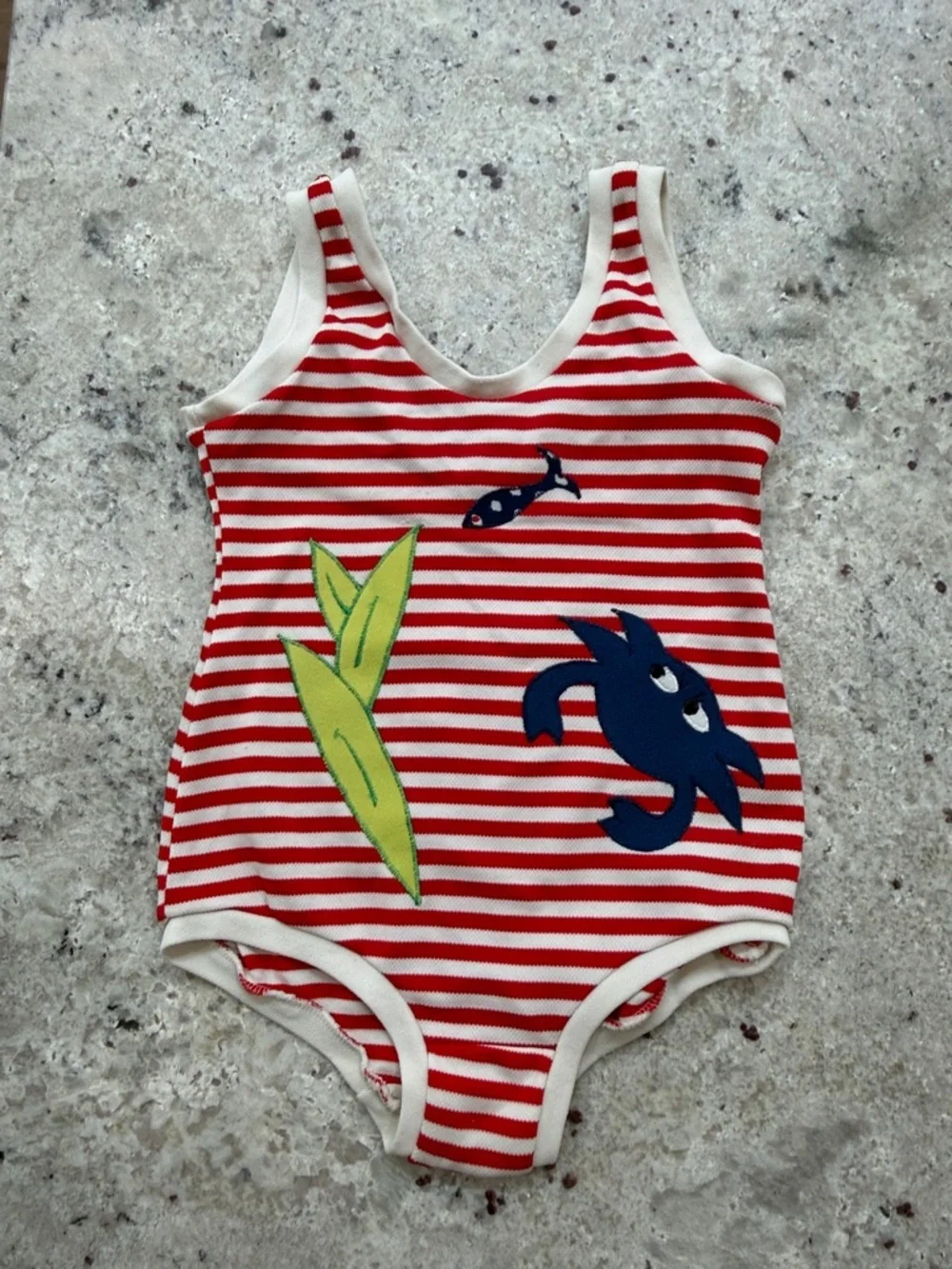 Rare Vintage 1960s Girls Swimsuit Red Striped Sea Creatures One Piece Size 6